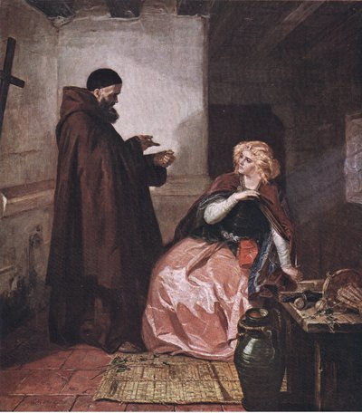 Julieta e Frade Laurence (Romeu e Julieta) Pegue o frasco, estando então na cama, e este licor destilado bebe de você, do The Complete Works de William Shakespeare pub.by J Coker & Co Ltd (c de Edward Matthew Ward