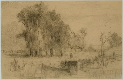 Paisagem, Barco a Remos e Vacas (#57) C. 1880 (grafite sobre papel) de Edward Mitchell Bannister