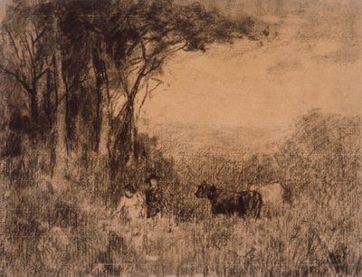 Paisagem com vacas e figuras a moverem-se no pasto de Edward Mitchell Bannister