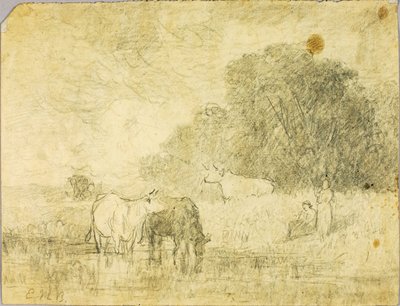 Paisagem com vacas no lago, duas figuras de Edward Mitchell Bannister