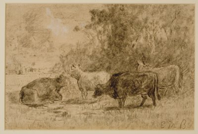 Paisagem com Quatro Vacas, c. 1880s (carvão sobre papel) de Edward Mitchell Bannister