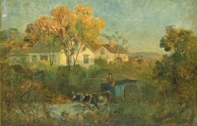 O homem da piscina bebendo na carroça com bois na piscina, 1895. de Edward Mitchell Bannister