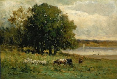 Sem título (gado perto de um rio com um barco à vela à distância) de Edward Mitchell Bannister