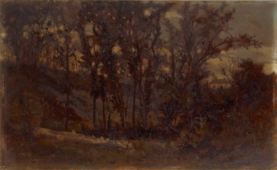 Sem título (cena de floresta, árvore caída em primeiro plano e casa em segundo plano) de Edward Mitchell Bannister