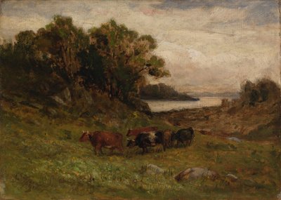 Sem título cinco vacas pastando com árvores e rio ao fundo. de Edward Mitchell Bannister