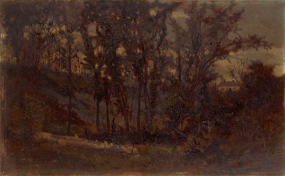 Cena de floresta sem título, árvore caída em primeiro plano e casa ao fundo, 1873. de Edward Mitchell Bannister