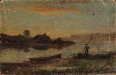 Paisagem sem título, barco atracado junto à margem com homem a caminhar, 1896. de Edward Mitchell Bannister