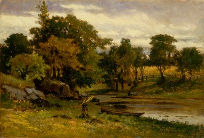 Paisagem sem título, barco ancorado perto do riacho, homem andando em primeiro plano, 1879. de Edward Mitchell Bannister