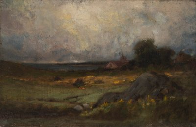 Paisagem sem título com rocha em primeiro plano e telhado com campanário, lago ao fundo, s.d. de Edward Mitchell Bannister