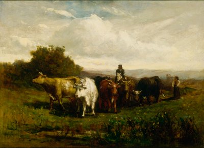 Homem sem título a cavalo, mulher a pé conduzindo gado, 1880. de Edward Mitchell Bannister