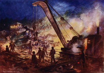 Guindaste que remove os destroços do local de um acidente ferroviário (cor litho) de Edward Parick Kinsella