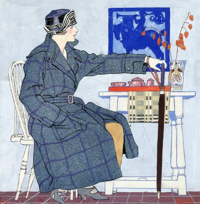 Uma jovem mulher sentada ao lado de uma mesa segurando um guarda-chuva de Edward Penfield