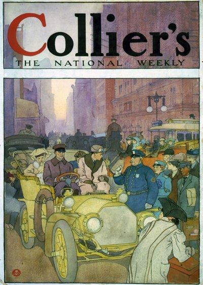 Automóvel na rua cheia de gente. Watercolour por Edward Penfield de Edward Penfield
