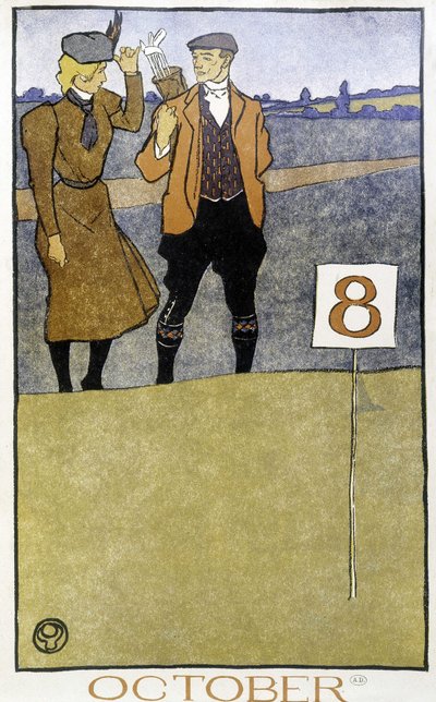 Casal jogando golfe - em "Golf Calendar" por Edward Penfield, ed. 1899 de Edward Penfield
