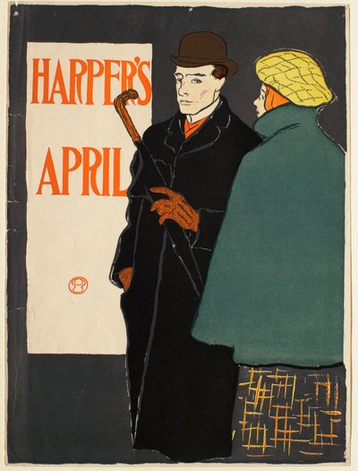 Homem de casaco preto com mulher de capa verde, Harper