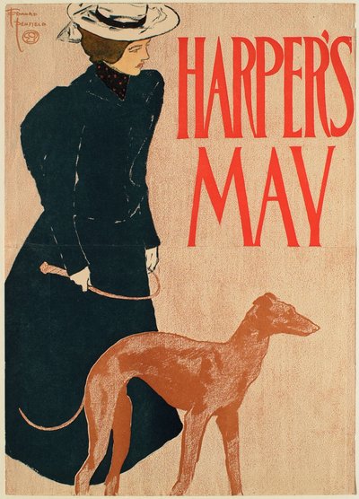 Mulher de fato azul-escuro a passear um cão, May Harper