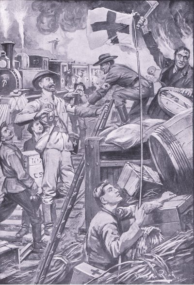 Ambulantes bárbaros destruindo lojas em Komati Foort sob o disfarce da bandeira da Cruz Vermelha, ilustração deAposta Pretoria: A guerra de guerrilha, 1902 de Edward Read