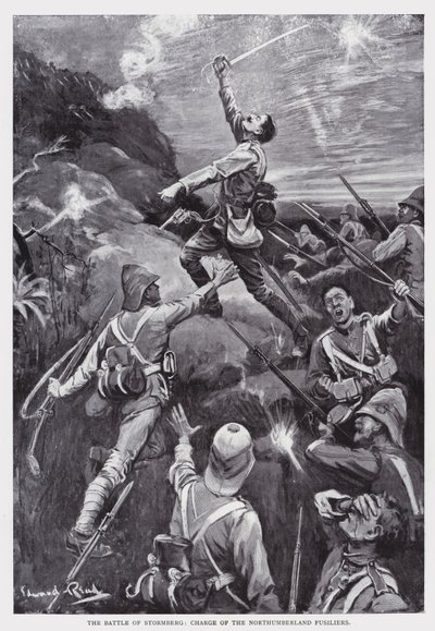 A Batalha de Stormberg, carga dos Fusiliers de Northumberland (litho) de Edward Read