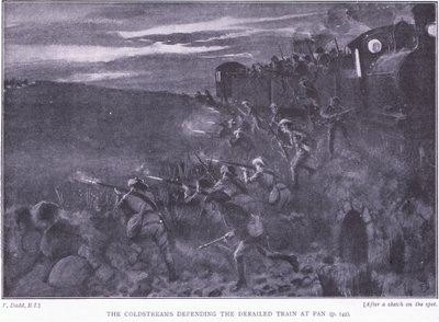 Os Coldstreams defendendo um trem descarrilado, ilustração de After Pretoria: The Guerilla War, 1902 de Edward Read