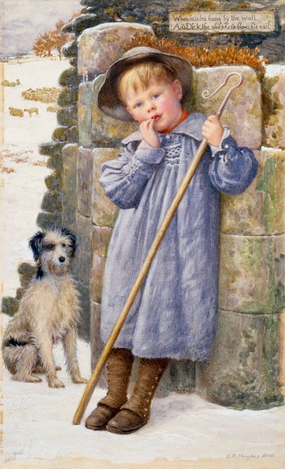 "Dick, o pastor" Um pequeno pastor com os dedos na boca, vestindo uma bata. Pintura de Edward Robert Hughes (1851-1914) (pré-rafaelita) 1902 Coleção particular de Edward Robert Hughes