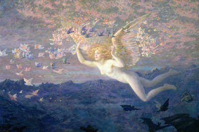Nas Asas da Manhã, 1905 (wc aumentado com tinta bodycolour und gold) de Edward Robert Hughes