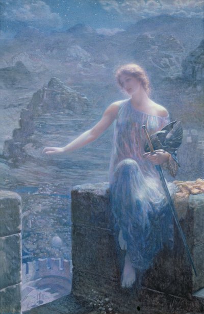 A Vigília da Valquíria, 1906 (wc e tinta dourada sobre papel) de Edward Robert Hughes