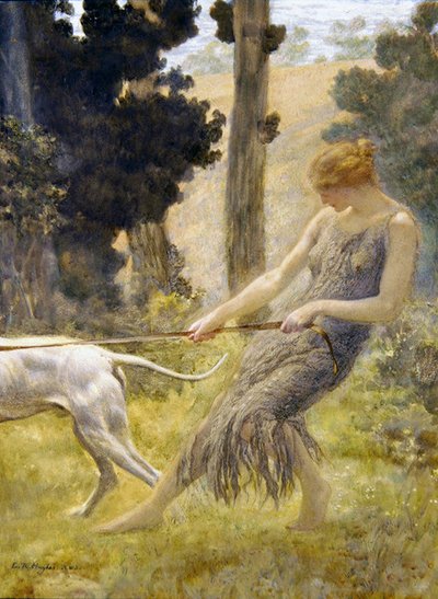 Mulher a passear o seu cão (tempera a bordo) de Edward Robert Hughes