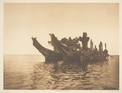 Bailarinos mascarados em Canoes-Qagyuhl A de Edward S. Curtis