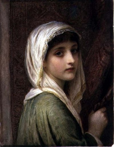 Menina com um lenço de cabeça branco e dourado (aguarela) de Edward Tayler