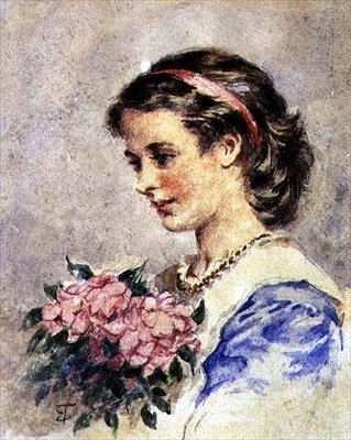 Menina com um ramo de flores cor-de-rosa (aguarela sobre lápis sobre papel) de Edward Tayler