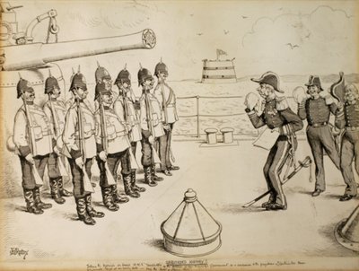 História não gravada! Contar aos Fuzileiros a bordo do HMS Taradiddle a determinação do Governo de Sua Majestade - como uma concessão ao preconceito das potências continentais - de evacuar o Egipto numa data antecipada: provavelmente o primeiro de Abril de Edward Tennyson Reed