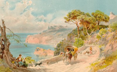 Coast Road perto de Soller, Maiorca (lito a cores) de Edward Theodore Compton