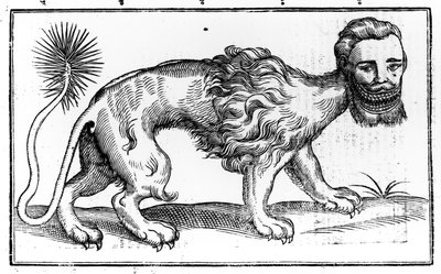 Manticore de "Historie of Foure-Footed Beastes", de Edward Topsell, publicado em 1607 de Edward Topsell