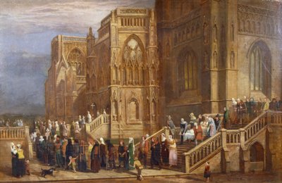 Uma Procissão de Peregrinos fora de St Mary Redcliffe, c.1825-30 (óleo no painel) de Edward Villiers Rippingille