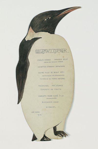 Menu em forma de pinguim-imperador, para o jantar do solstício de inverno, Cabo Evans, 22 de junho de 1912 (caneta e guache no cartão) de Edward W. Nelson