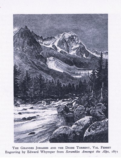 O Grande Jorasses e o Doire Torrent, Val Ferrett, da British Adventure, publicado por Collins, 1947 de Edward Whymper