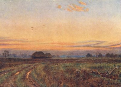 O sol está a pôr-se... A Terra, como uma criança cansada, vira o rosto para o seio da noite (litografia a cores) de Edward Wilkins Waite