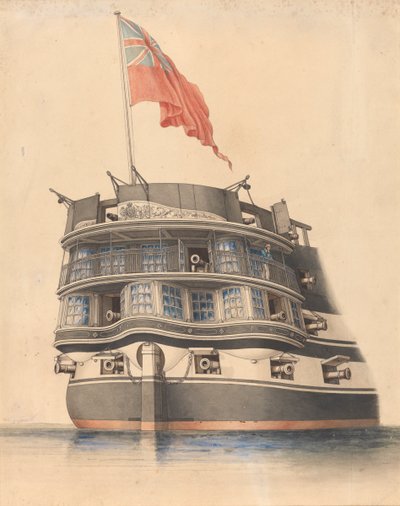 Vista pormenorizada da popa do HMS "Asia" com a bandeira hasteada. de Edward William Cooke