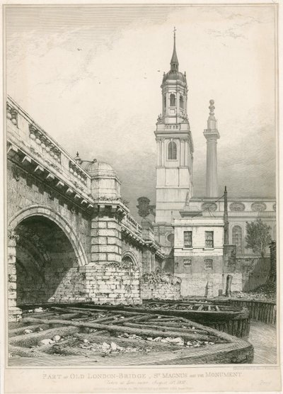 Parte da antiga ponte de Londres, St Magnus e o monumento de Edward William Cooke