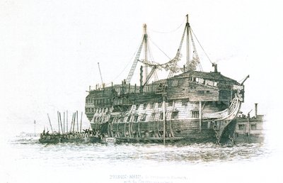 Navio-prisão no porto de Portsmouth com os condenados a entrar a bordo de Edward William Cooke