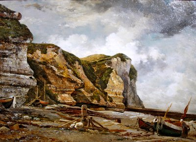 Rochas em águas baixas com Falaise Ocidental (Etretat penhascos e barcos) de Edward William Cooke