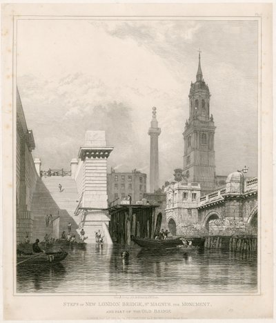 Passos da nova ponte de Londres, St Magnus, o monumento e parte da ponte velha de Edward William Cooke