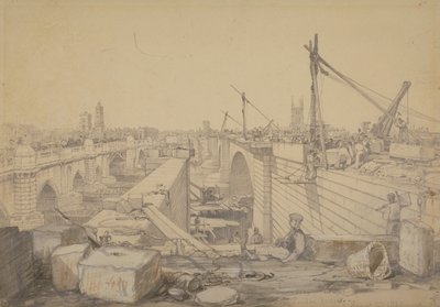 A construção da ponte de Londres, 1830 de Edward William Cooke