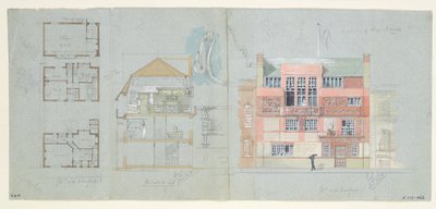 Front Elevation e Section for House e Studio para Frank Miles (1852-91), Tite Street, Chelsea, 1878-79 (wc e lápis sobre papel) (ver também 176481-482, 176484-485) de Edward William Godwin