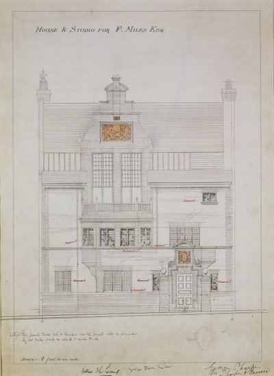 Desenho de trabalho para House and Studio para F. Miles Esq, Tite Street, Chelsea, 1878-79 (wc e lápis sobre papel) (ver também 176481, 176483-485) de Edward William Godwin