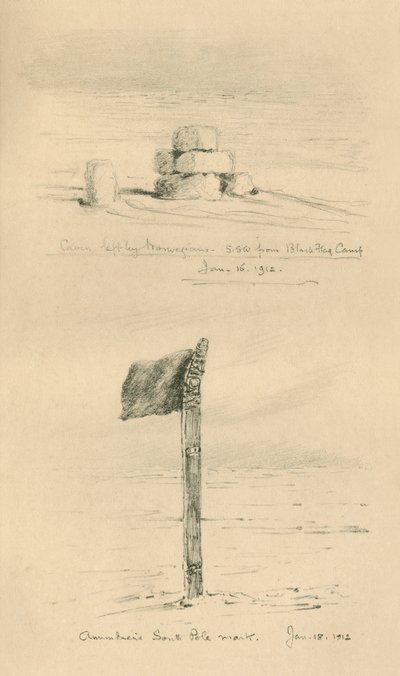 Monte de pedras deixado pelos noruegueses e marca do pólo sul de Amundsens, janeiro de 1912, 1913. de Charles Edward Wilson