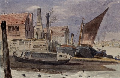 Battersea, a margem do rio com barcos de Edward attr. to Bragg