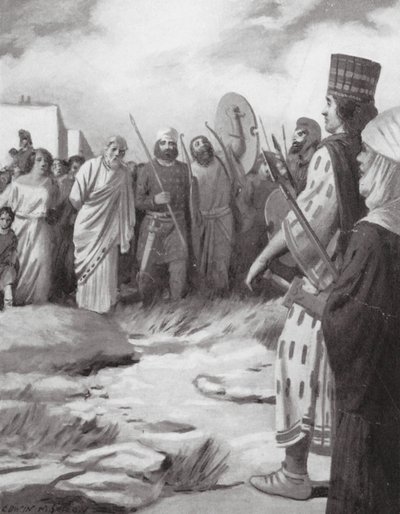 Croesus conduzido perante Ciro na captura de Sardes (litografia) de Edwin A. Morrow
