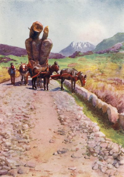 Na Córsega: Mulas a desenhar madeira (cor litho) de Edwin Arthur Norbury
