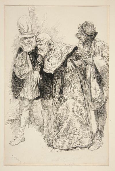 Protestos de Baptista, ilustração para Ato I, Cena I, Megera Domada de Edwin Austin Abbey